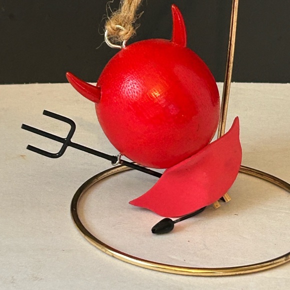 Pier 1 Imports Halloween 3.25" Wooden Red Devil Pitchfork Ornament Crazy Heads - Picture 4 of 4